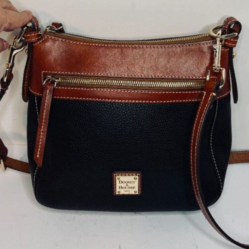 Dooney & Bourke Black Pebbled Leather Shoulder Bag Brown Trim